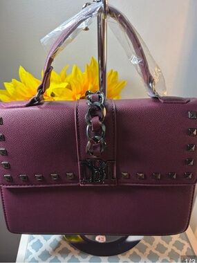 Badgley Mischka Plum Studded Chain-Accent Crossbody Satchel